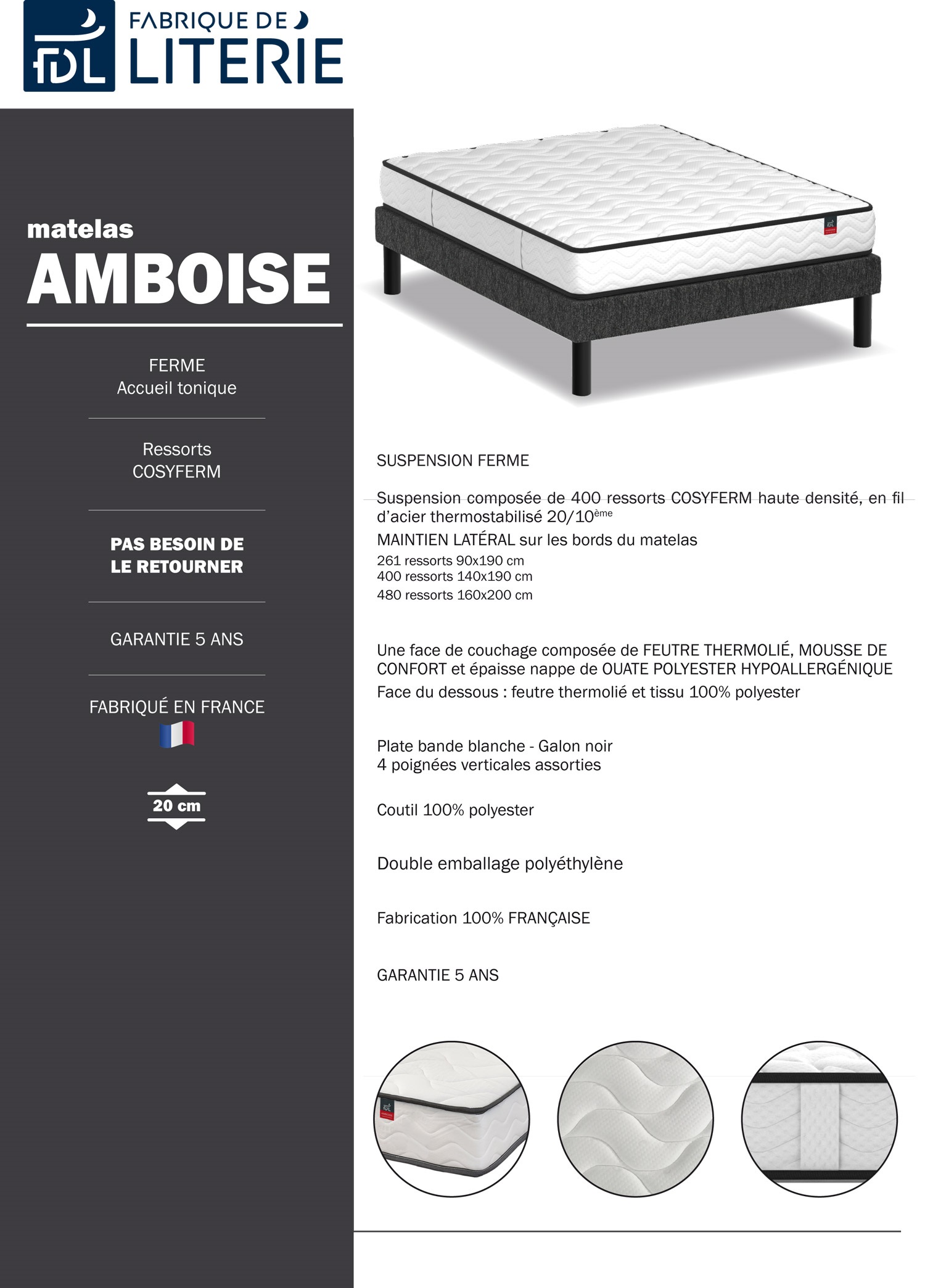 matelas à ressorts ensachés Oregon 140 x 190 cm fabrique de literie