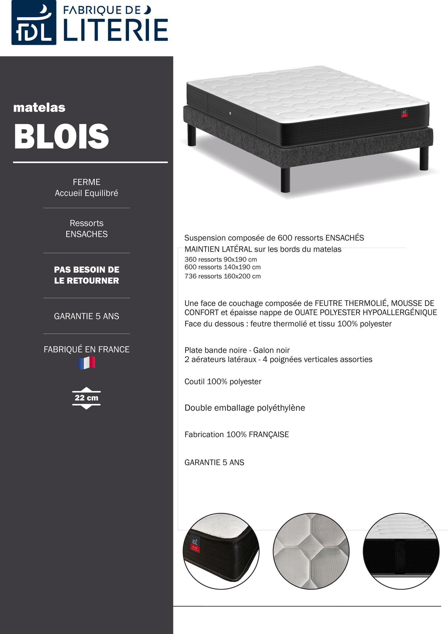 matelas à ressorts ensachés Oregon 140 x 190 cm fabrique de literie