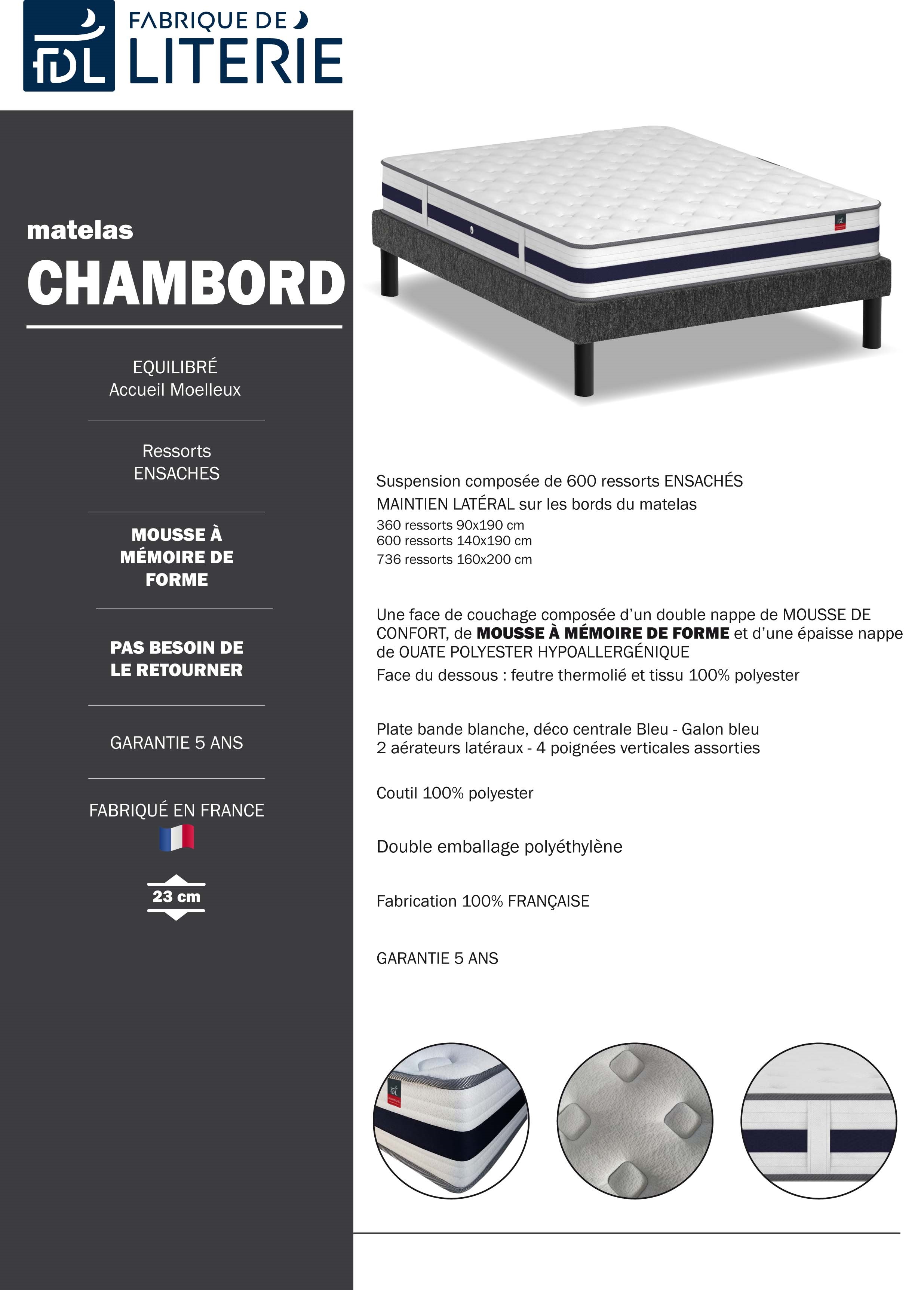 matelas à ressorts ensachés Chambord 90 x190 cm mousse à mémoire de forme